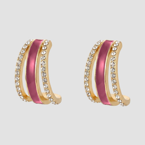 Rhinestone & Enamel Huggie Earrings in Fuchsia