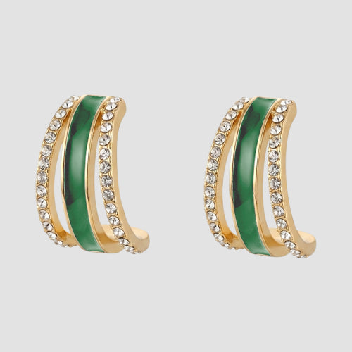 Rhinestone & Enamel Huggie Earrings in Green