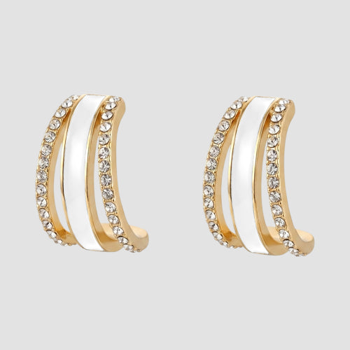 Rhinestone & Enamel Huggie Earrings in White