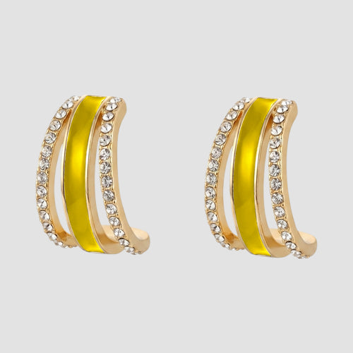 Rhinestone & Enamel Huggie Earrings in Yellow