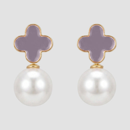 Clover Dangle Pearl Dangle Stud Earrings in Lavender