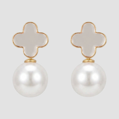 Clover Dangle Pearl Dangle Stud Earrings in White