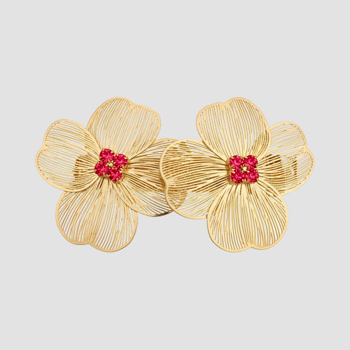 Rhinestone Centre Wire Flower Earrings in Gold & Red