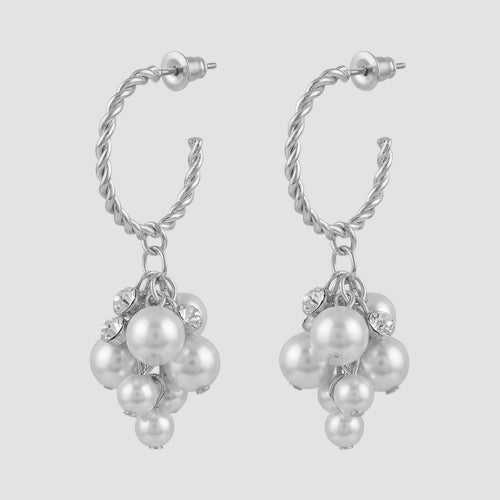 Pearl Grape Dangle Hoop Earrings in Silver
