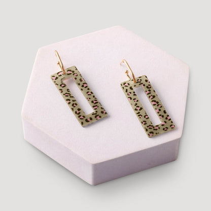 Cheetah Rectangle Frame Drop Earring in Green