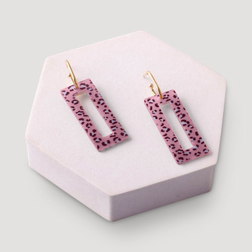 Cheetah Rectangle Frame Drop Earring in Pink