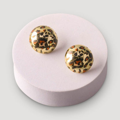 Cheetah Metal Orb Button Earring in Gold & Orange