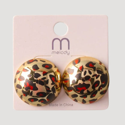 Cheetah Metal Orb Button Earring in Gold & Red