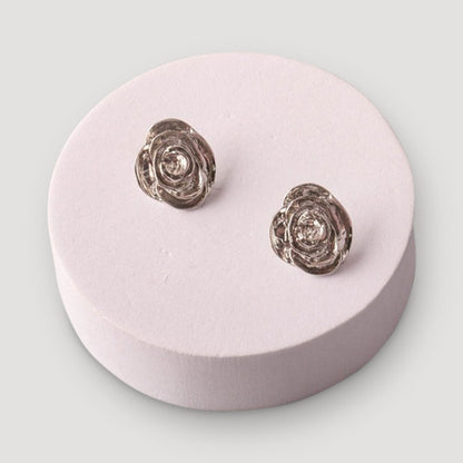 Metal Rose Button Earring in Silver