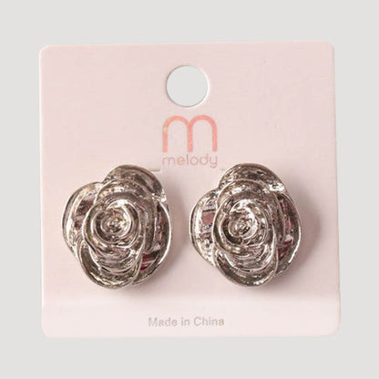 Metal Rose Button Earring in Silver