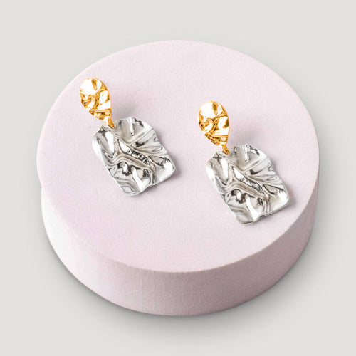 Crumpled Metal Sheet Drop Earring in Silver
