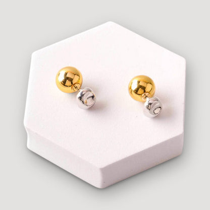 Folded Round Ball Back Earring in Silver with Gold Ball