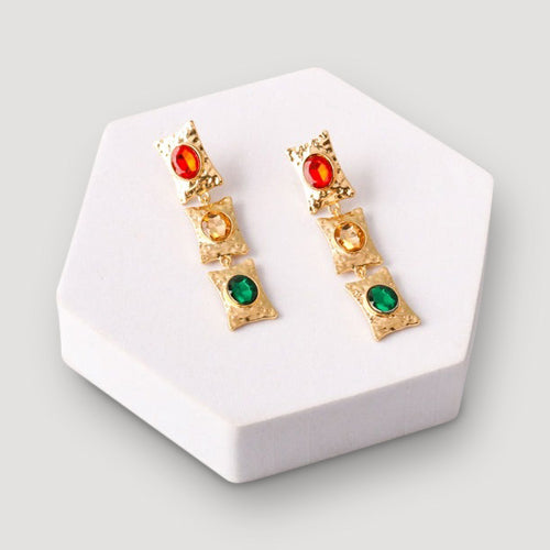 Hammered Gold Dangle Frame Earring in Green, Red & Yellow