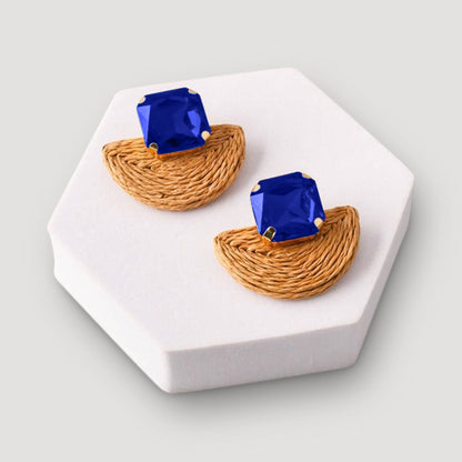 Crystal Rattan Straw Fan Earring in Blue