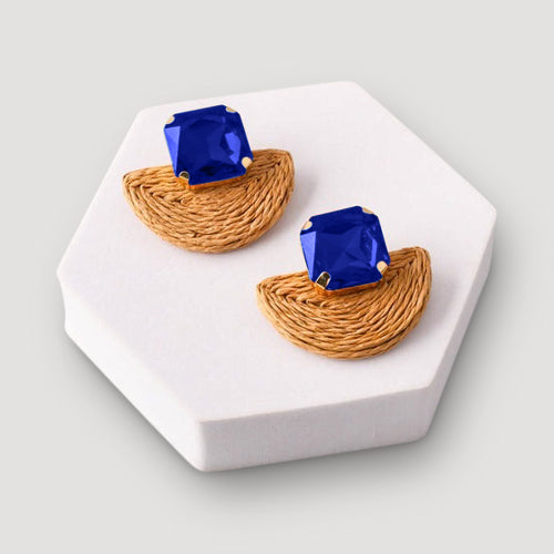 Crystal Rattan Straw Fan Earring in Blue