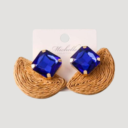 Crystal Rattan Straw Fan Earring in Blue