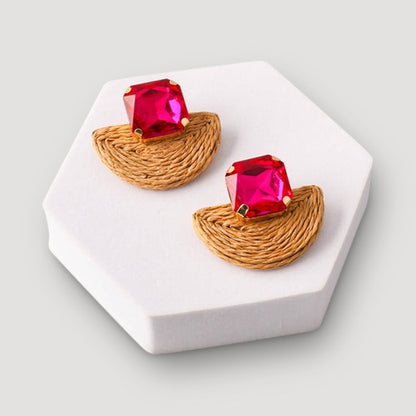 Crystal Rattan Straw Fan Earring in Fuchsia