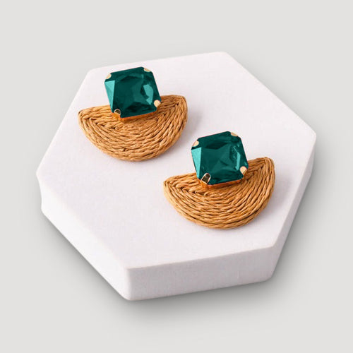 Crystal Rattan Straw Fan Earring in Green
