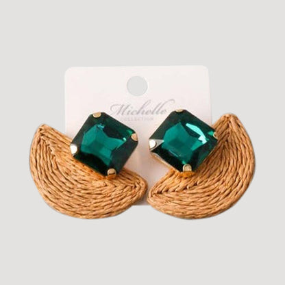 Crystal Rattan Straw Fan Earring in Green