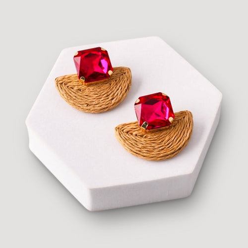 Crystal Rattan Straw Fan Earring in Red