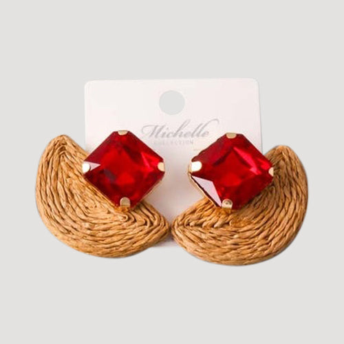 Crystal Rattan Straw Fan Earring in Red