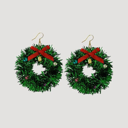 CEF-20041 Christmas Dangle Earrings in Bell Wreath in Green