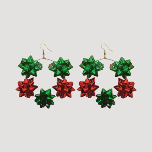 CEF-20041 Christmas Dangle Earrings in Green & Red Bows