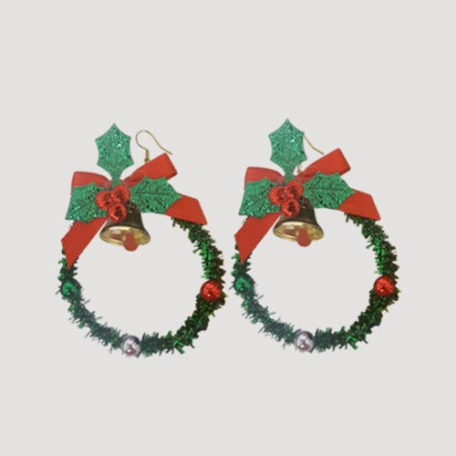 CEF-20041 Christmas Dangle Earrings in Green Tinsel Ring