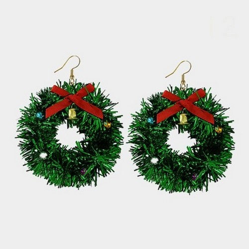 Christmas Dangle Earrings in Bell Wreath in Green