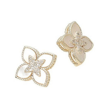 14k Gold Plated CZ Mother Of Pearl Clover Stud Earrings
