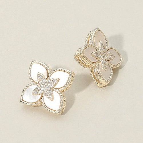 1452EGM 14k Gold Plated CZ Mother Of Pearl Clover Stud Earrings