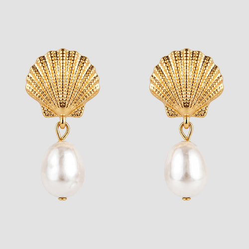 Sea Life Pearl Dangle Earrings in Gold Shell Design