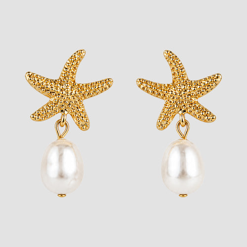 Sea Life Pearl Dangle Earrings in Gold Starfish Design