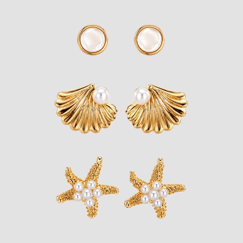 Sea Life Pearl 3-Pair Earring Set in Gold