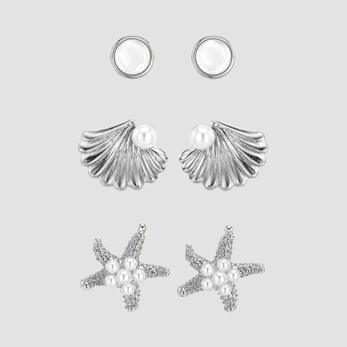 Sea Life Pearl 3-Pair Earring Set in Silver