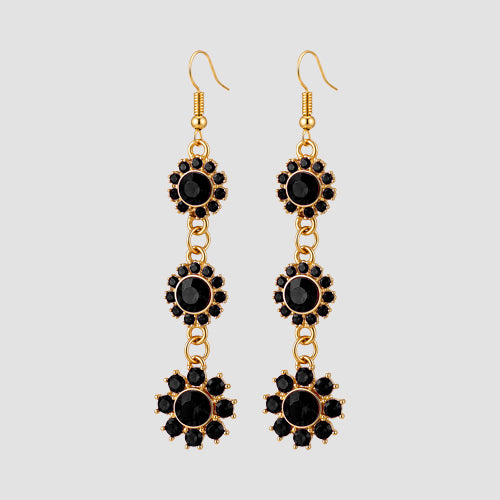 Rhinestone Daisy Flower Dangle Earrings in Black