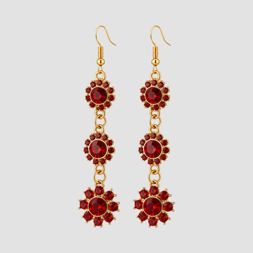 Rhinestone Daisy Flower Dangle Earrings in Red