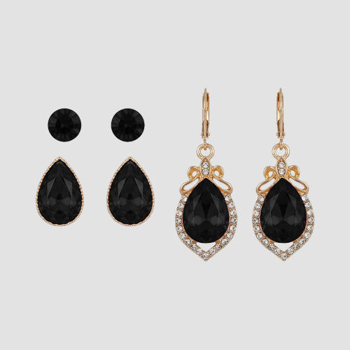Marquise Rhinestone 3-Pair Earring Set in Gold & Black