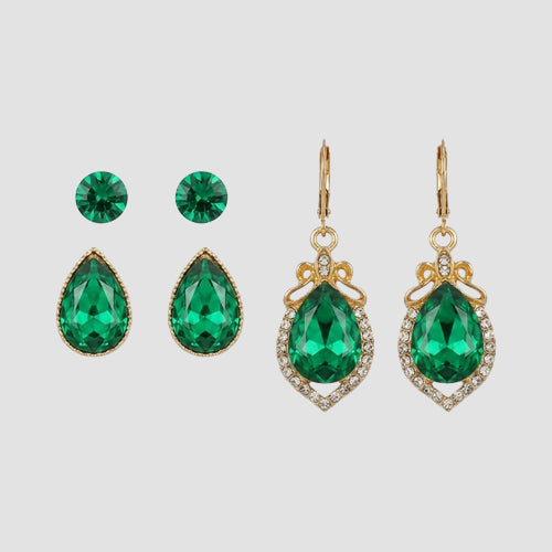 Marquise Rhinestone 3-Pair Earring Set in Gold & Green