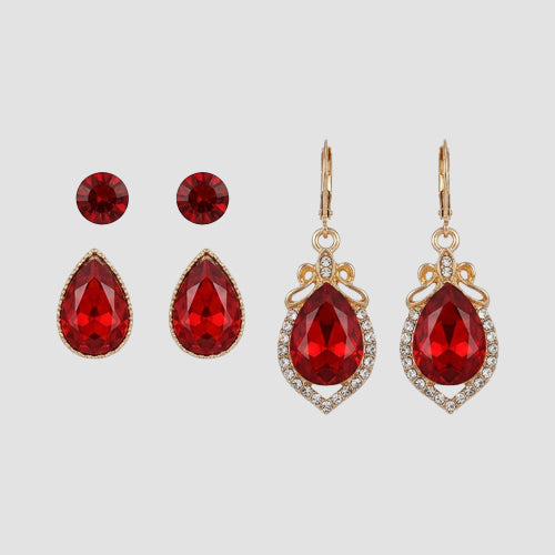 Marquise Rhinestone 3-Pair Earring Set in Gold & Red