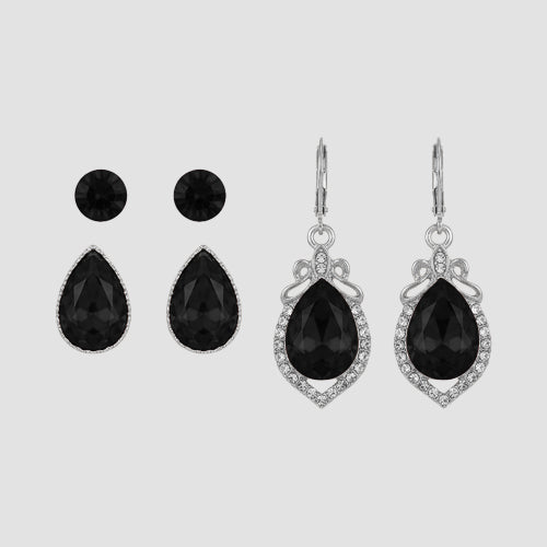 Marquise Rhinestone 3-Pair Earring Set in Silver & Black