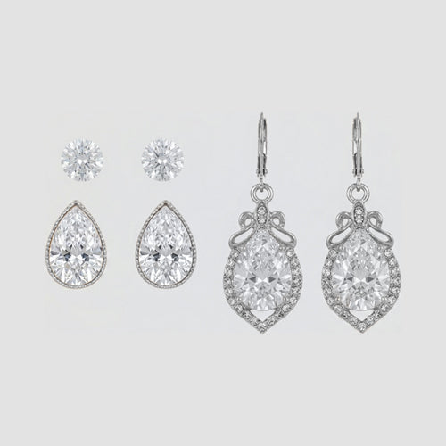 Marquise Rhinestone 3-Pair Earring Set in Silver & Clear Crystal