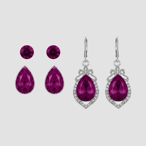 Marquise Rhinestone 3-Pair Earring Set in Silver & Fuchsia
