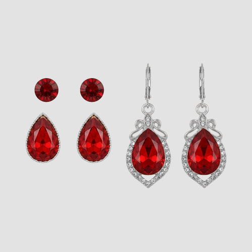 Marquise Rhinestone 3-Pair Earring Set in Silver & Red