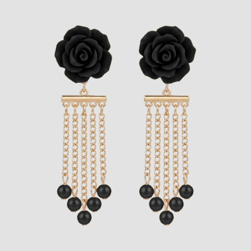 Pearly Rose Strand Earrings in Black
