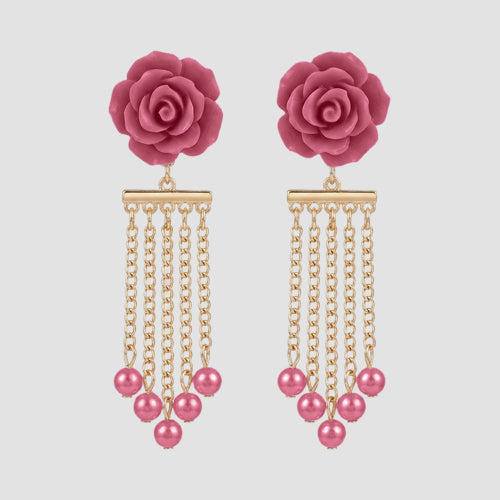 Pearly Rose Strand Earrings in Fuchsia