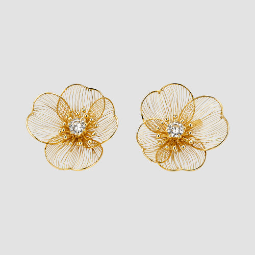 Rhinestone Wire Flower Earring in Gold