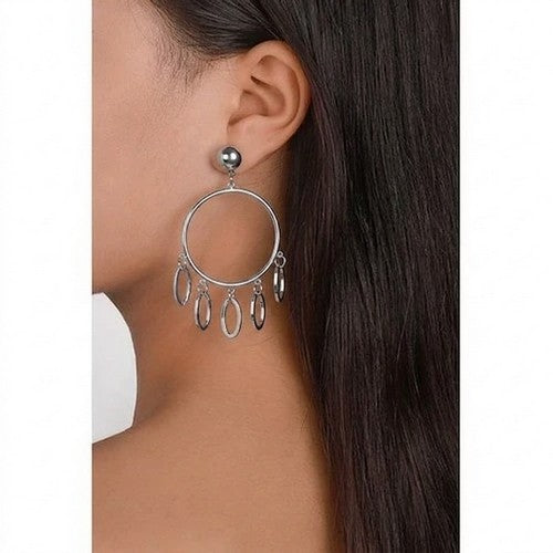 Oval Drop Hoop Earrings in Silver