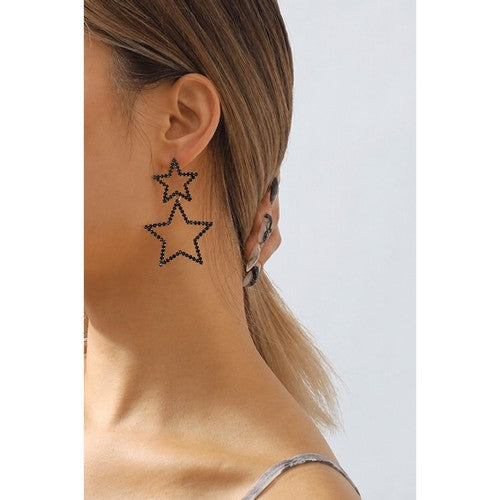 E10682 Double Rhinestone Star Drop Earring in Black