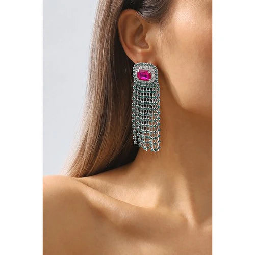 Square Crystal Tassel Drop Dangle Earrings in Silver